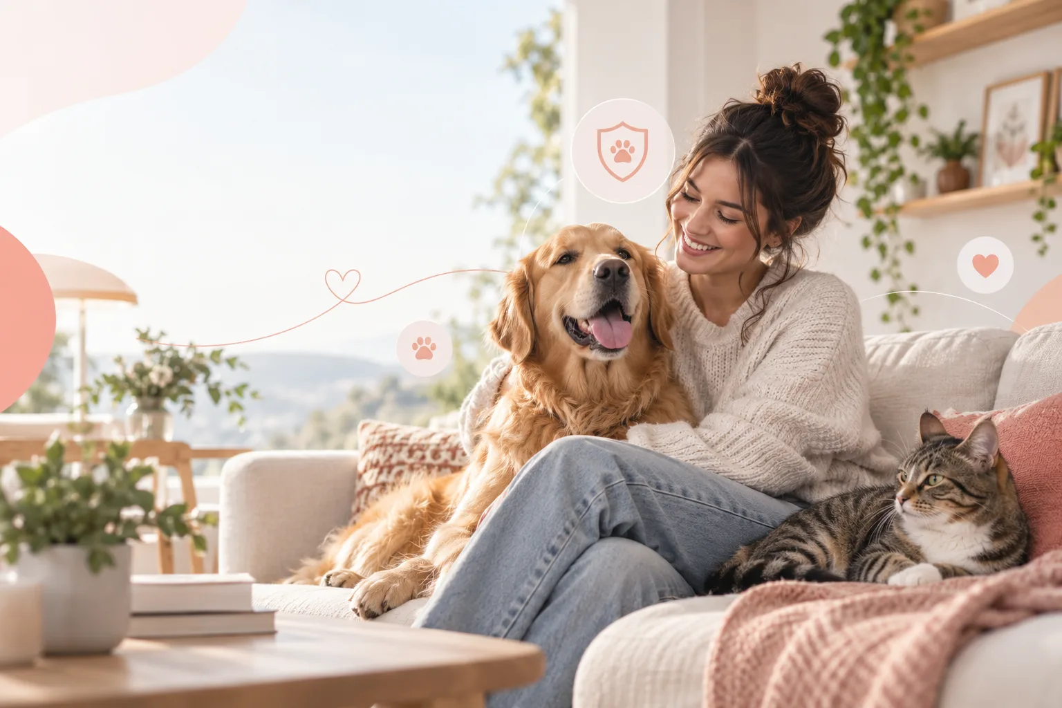 Owner sitting at home with a dog and tabby cat