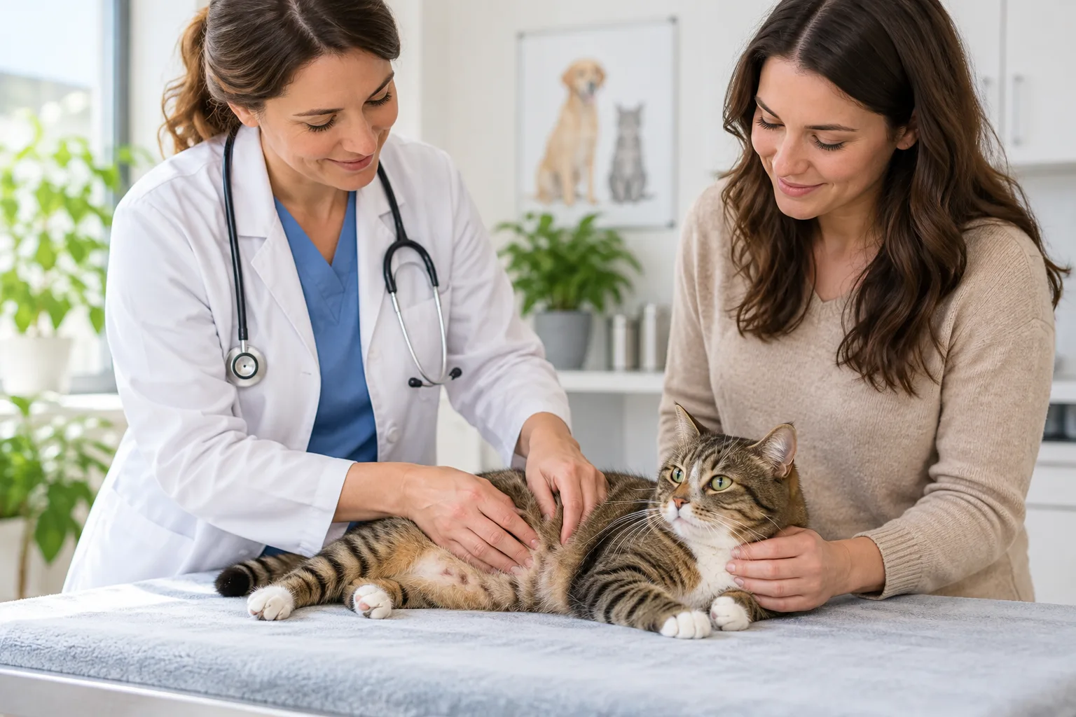 Veterinarian examining a tabby cat while its owner sits nearby